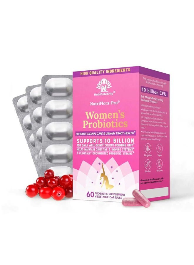 Nutricelebrity NutriFlora-Pro Probiotics for Women - Support Vaginal, Urinary Health, Immune System Digestive System Support, Cranberry Pills Supplement, 10 Billion CFU 6 Strains (30 Caps) - 2 Pack - Image 1