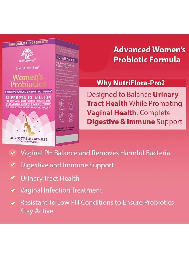 Nutricelebrity NutriFlora-Pro Probiotics for Women - Support Vaginal, Urinary Health, Immune System Digestive System Support, Cranberry Pills Supplement, 10 Billion CFU 6 Strains (30 Caps) - 2 Pack - Image 3