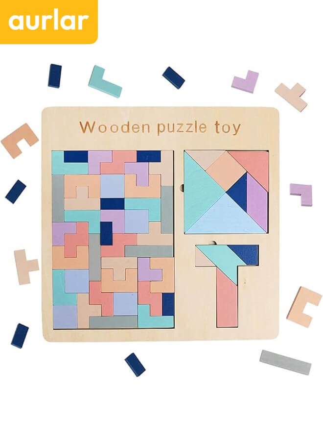 Aurlar 3-in-1 Montessori Wooden Puzzle Toy – Tetris, Tangram & T-Shape Blocks for Kids Ages 1-5, STEM Educational Toy - Image 1