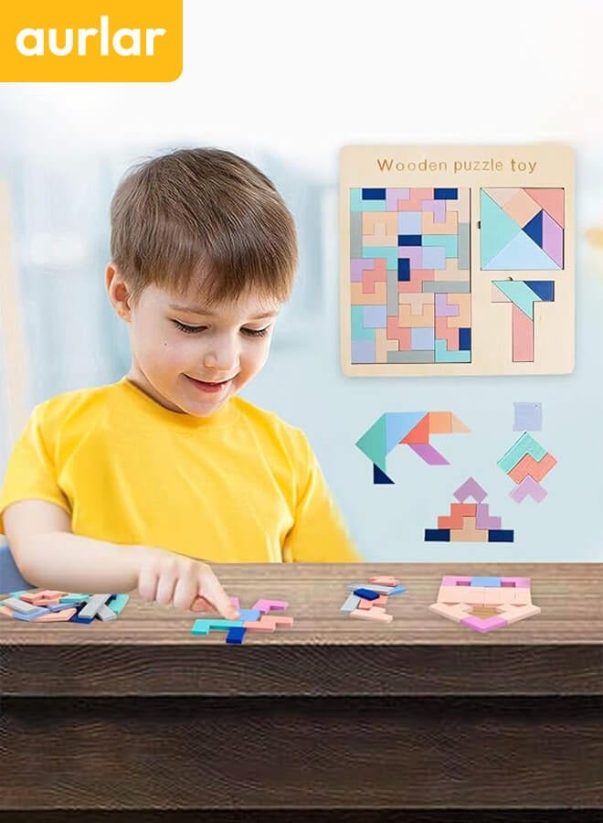 Aurlar 3-in-1 Montessori Wooden Puzzle Toy – Tetris, Tangram & T-Shape Blocks for Kids Ages 1-5, STEM Educational Toy - Image 3