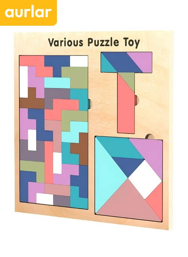 Aurlar 3-in-1 Montessori Wooden Puzzle Toy – Tetris, Tangram & T-Shape Blocks for Kids Ages 1-5, STEM Educational Toy - Image 5