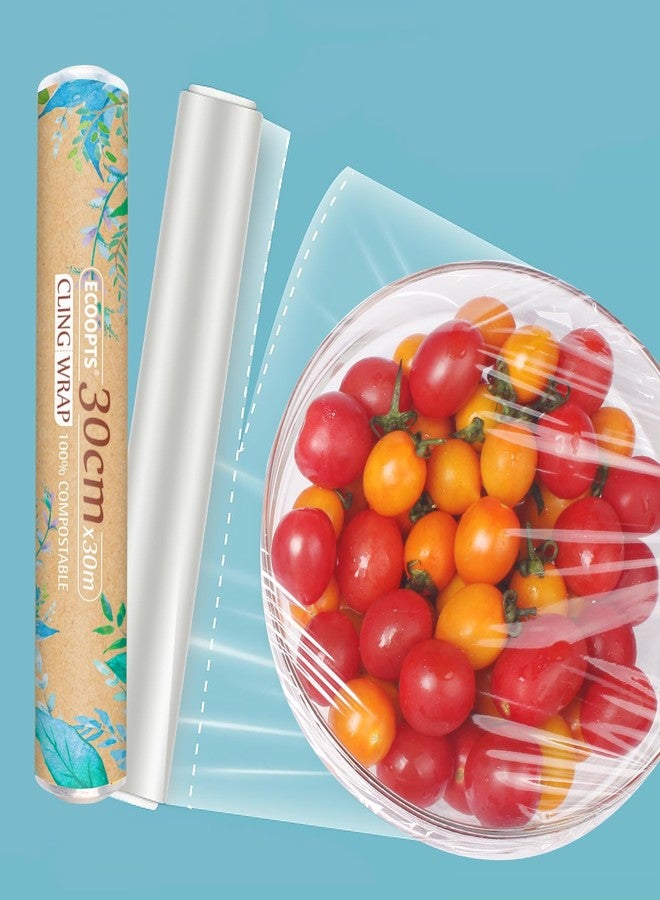 ECOOPTS 100% Compostable Plastic Cling Wrap 12 inch Food Service Cling Film Wrap Roll - 12" x 99 Ft ECO friendly Food Wrap Wrap Precut 30cm×35cm Totall 60m 2 PACK - Image 1