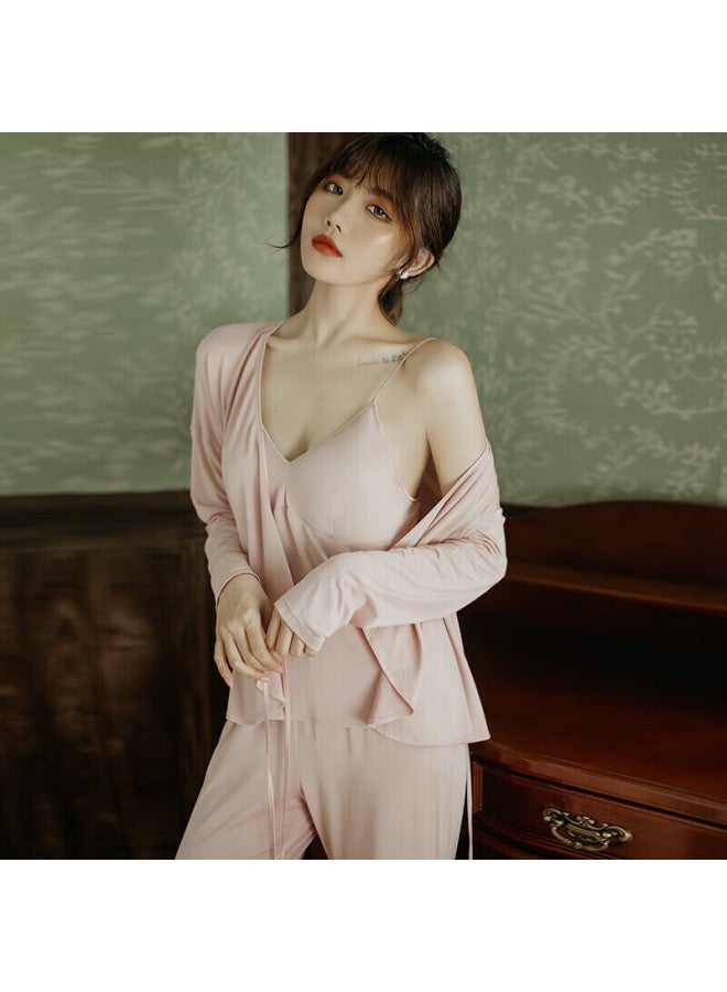 Agentmuse Women's 60s Tencel Modal Camisole And Long Pants Three-piece Set Chinese Style Homewear With Bra Pad Set - Image 4