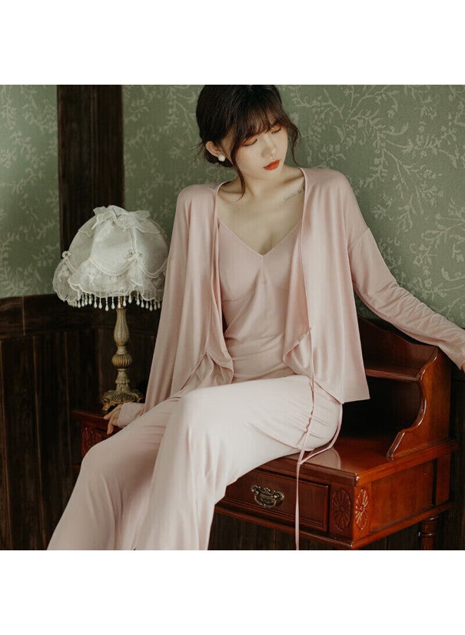 Agentmuse Women's 60s Tencel Modal Camisole And Long Pants Three-piece Set Chinese Style Homewear With Bra Pad Set - Image 5