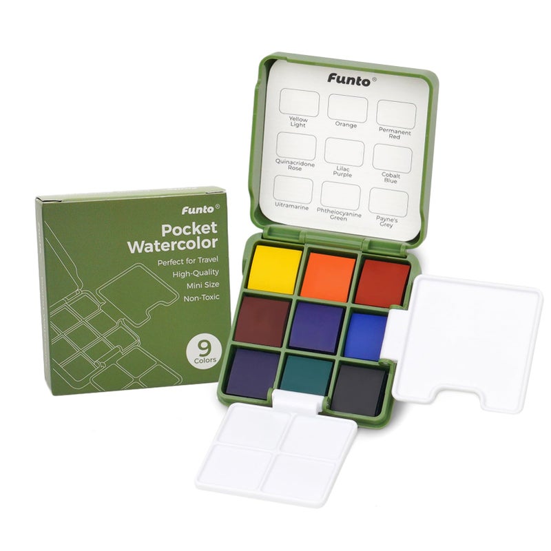 Funto Mini Watercolor Travel Set Travel Kit with 2 Foldable Palettes 9 Colors Mini Color Paint Set for Creative Artists