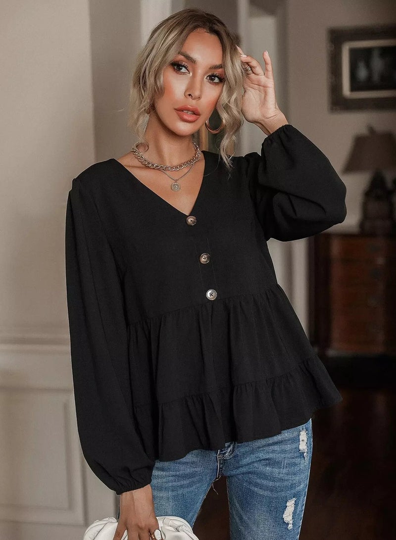 Half Button Ruffle Hem Smock Blouse  - Image 1