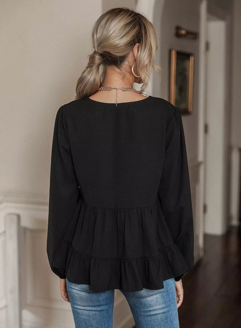 Half Button Ruffle Hem Smock Blouse  - Image 2