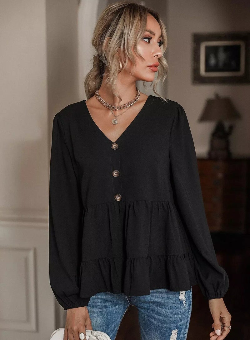 Half Button Ruffle Hem Smock Blouse  - Image 4