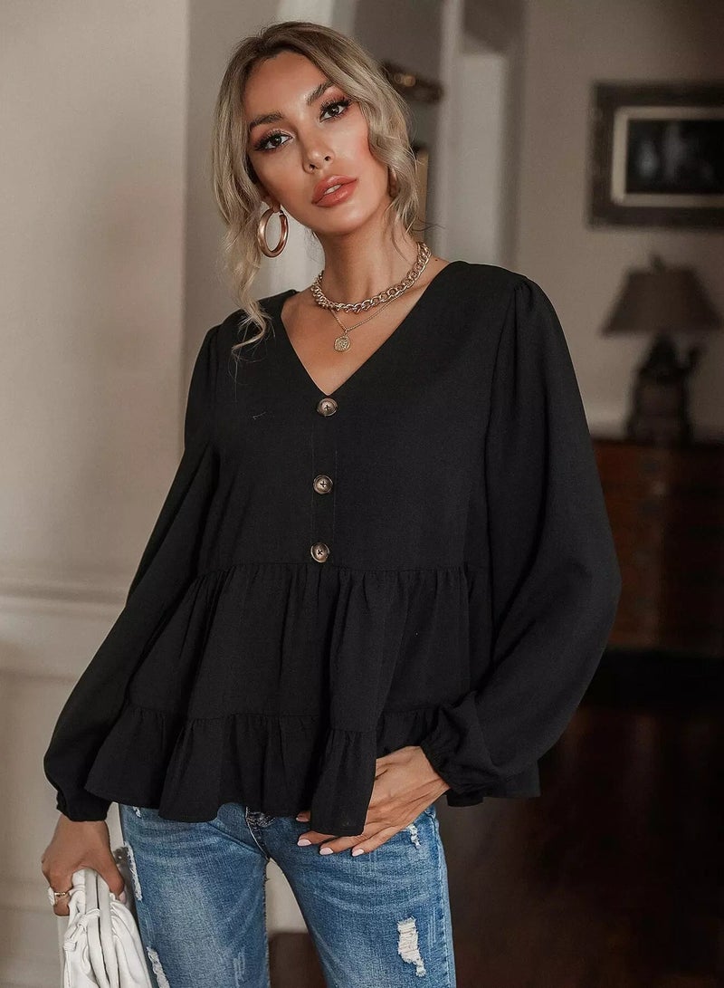 Half Button Ruffle Hem Smock Blouse  - Image 3