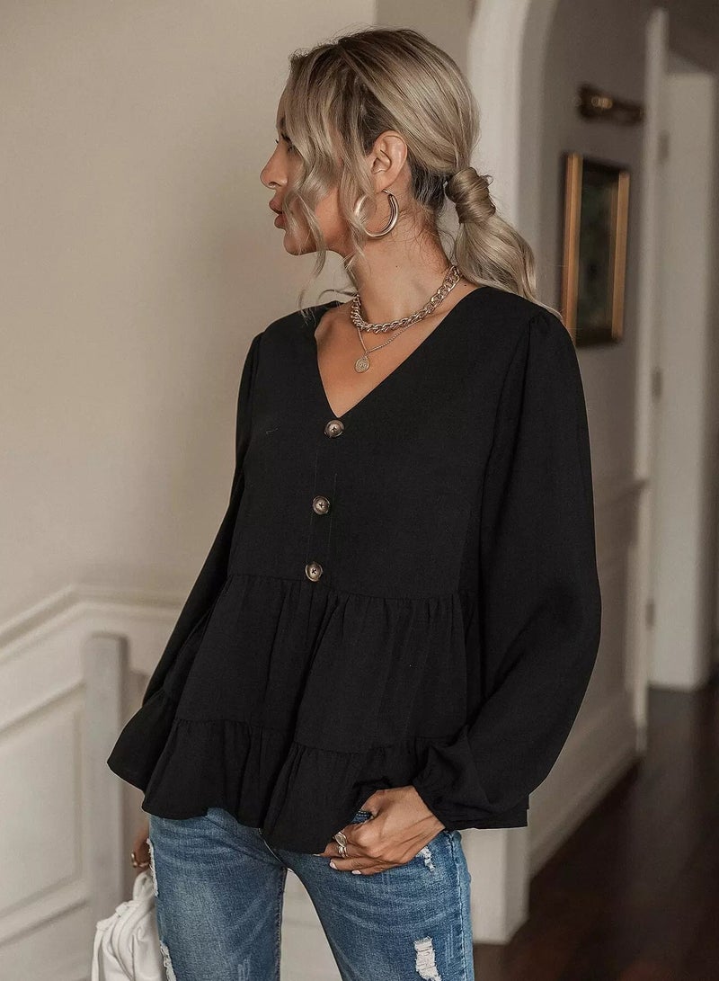 Half Button Ruffle Hem Smock Blouse  - Image 5