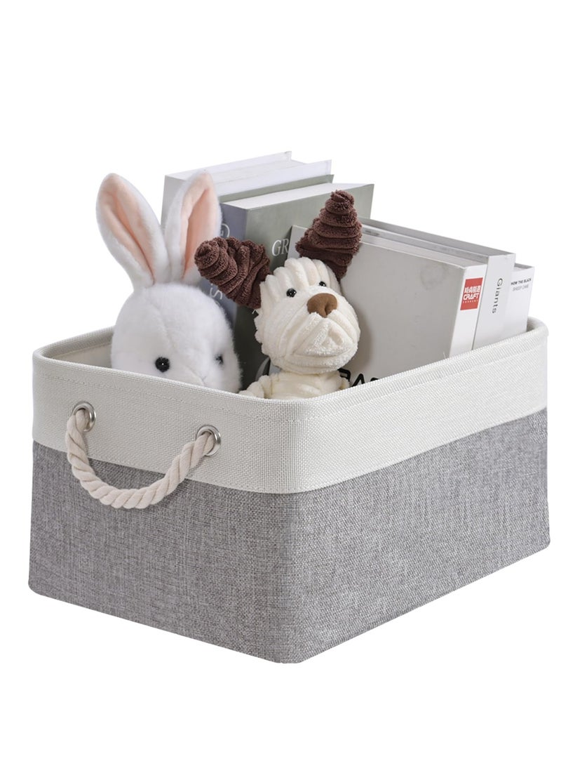 KASTWAVE 1 Pack Foldable Linen Canvas Storage Boxes, Fabric Storage Baskets with Handles, Suitable for Toys, Clothes, Office Products(36x26x16cm, White and Grey) - Image 1