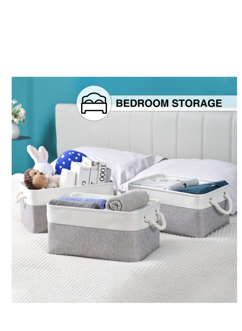 KASTWAVE 1 Pack Foldable Linen Canvas Storage Boxes, Fabric Storage Baskets with Handles, Suitable for Toys, Clothes, Office Products(36x26x16cm, White and Grey) - Image 4