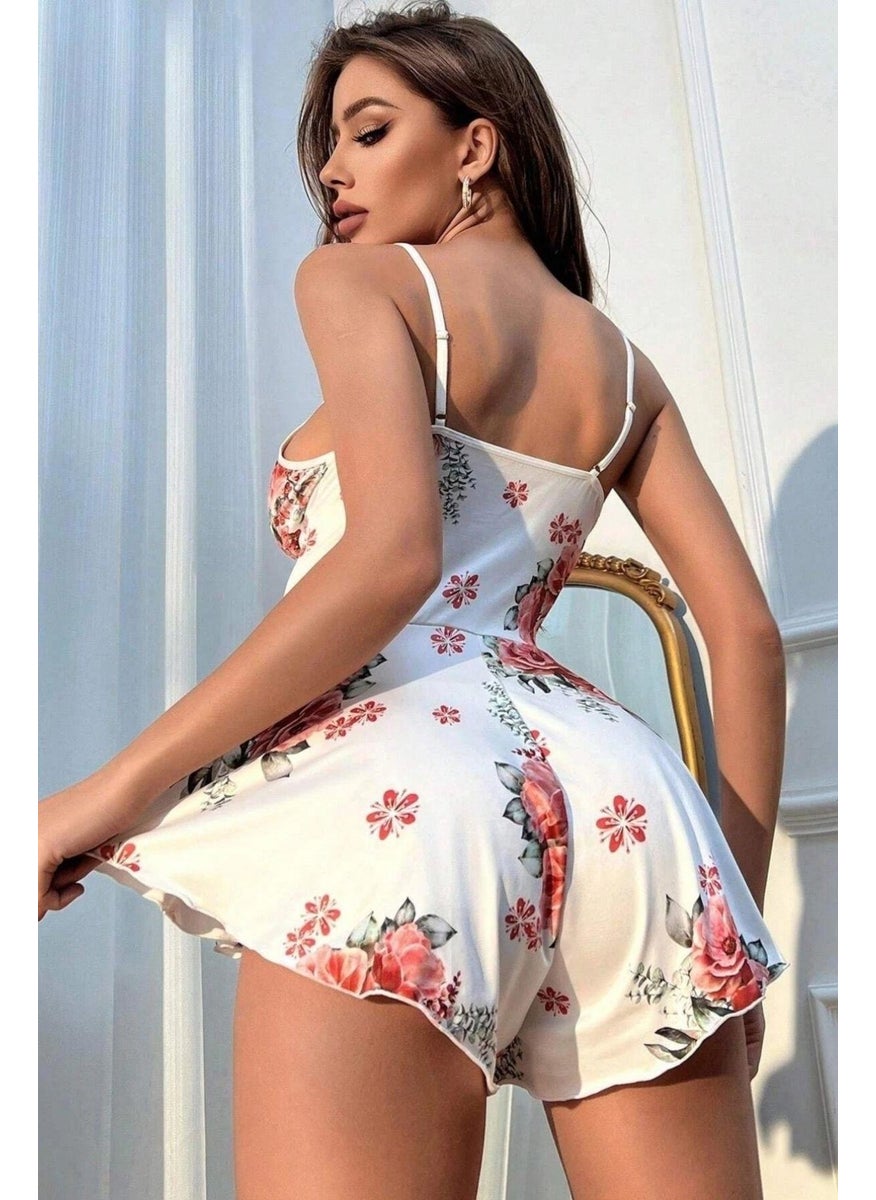 Bella Notte Romantic White Floral Patterned Jumpsuit Nightgown  - Image 5