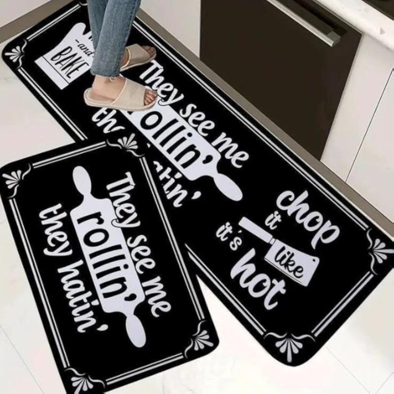 Generic Kitchen Runner Set, 2-Piece Anti-Slip Floor Mat, with Kitchen Utensils, .flo (black)