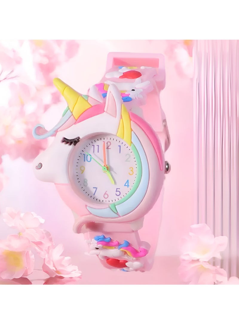 سوق الديكور ساعة أطفال يونيكورن لطيفة للبنات - ساعة يد تناظرية ثلاثية الأبعاد على شكل يونيكورن كرتوني مع حزام سيليكون ناعم قابل للتعديل - تصميم قوس قزح وكوكب - ساعة تعليمية للمعلم للأطفال من سن 3 سنوات فما فوق - هدية ممتعة لأعياد الميلاد والعطلات والعودة إلى المدرسة - متينة وخفيفة الوزن ومريحة - تصميم خيالي وردي مع لمسات ملونة - أرقام سهلة القراءة - مثالية للاستخدام اليومي والمناسبات الخاصة - تثير الإبداع والثقة في التعلم من الوقت - Image 1