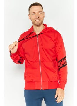 Men Hooded Long Sleeves Solid Sweatshirt, Red