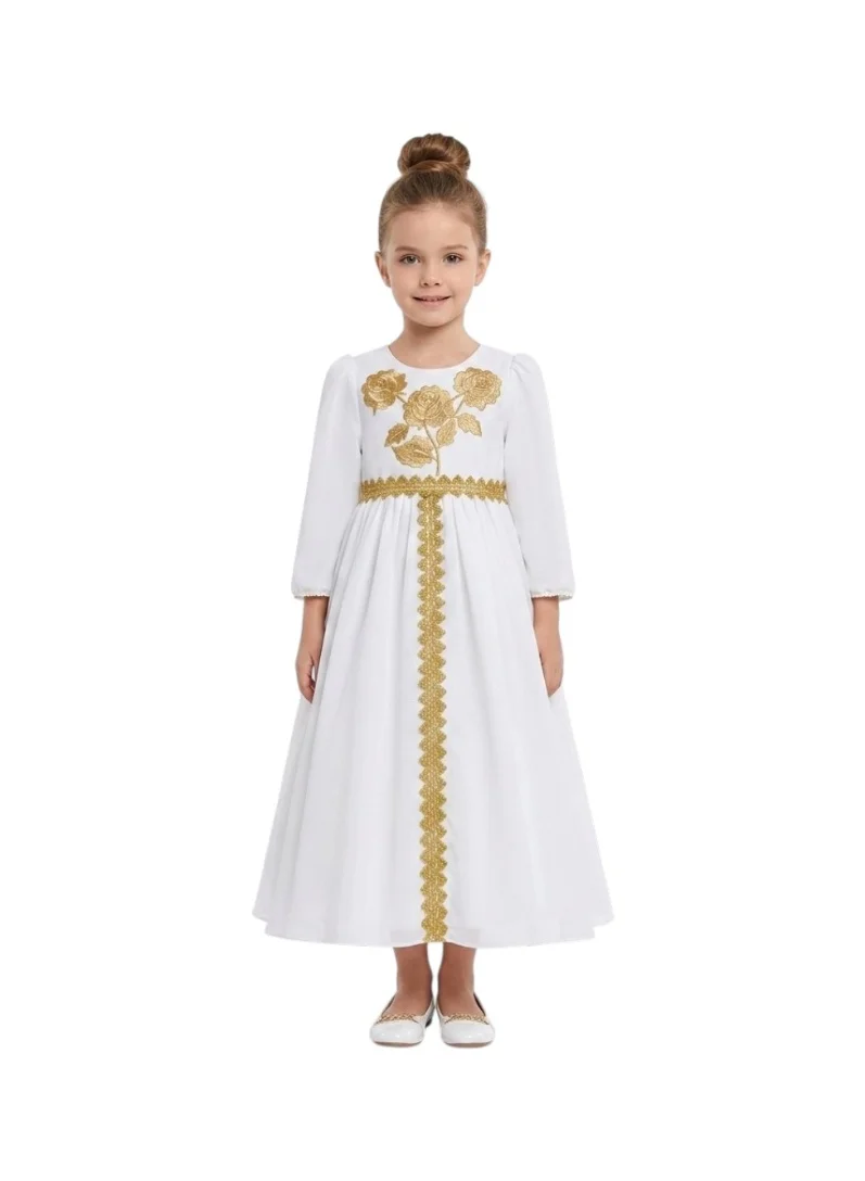 Bidani White Jalabiya with Gold Floral Embroidery