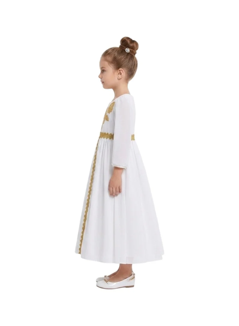 Bidani White Jalabiya with Gold Floral Embroidery