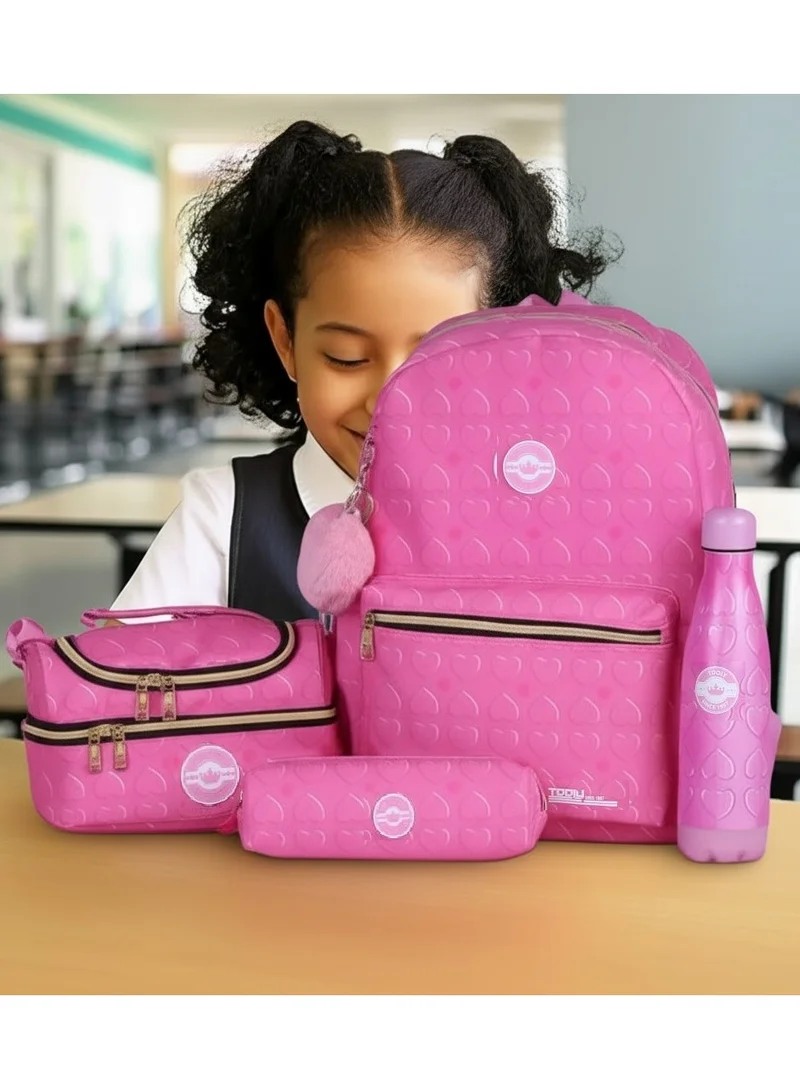 TOOLY 4-Piece School Set with 17" Backpack, Lunch Bag, Pencil Case and Water Bottle, Pink Hearts Pattern(Size: H 42 X 30 X 13 CM)