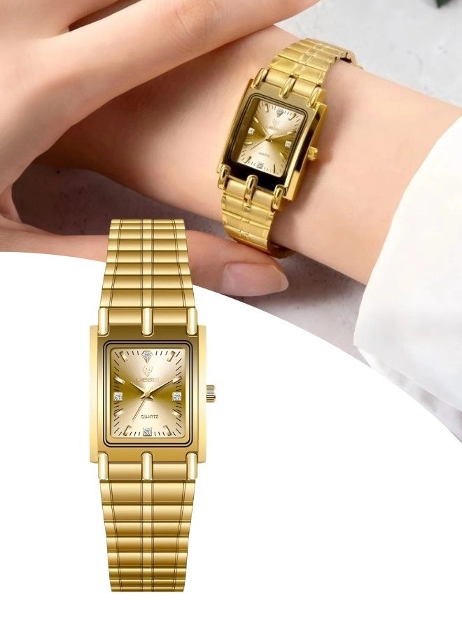 ليبيغ ساعة كوارتز مربعة مقاومة للماء ومرصعة بالألماس للنساء (ساعة نسائية من الفولاذ الذهبي، ساعة عمل مربعة، ساعة كوارتز بسيطة) - Image 1