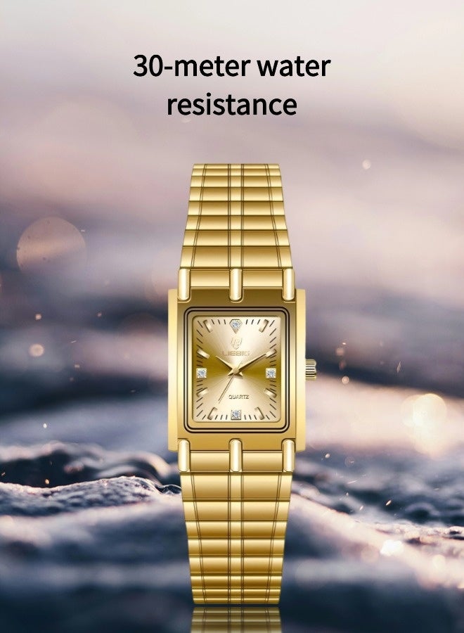 ليبيغ ساعة كوارتز مربعة مقاومة للماء ومرصعة بالألماس للنساء (ساعة نسائية من الفولاذ الذهبي، ساعة عمل مربعة، ساعة كوارتز بسيطة) - Image 5