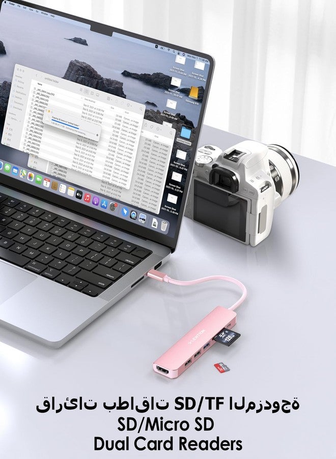 لينشن موزع USB-C من LENTION مع شحن بقوة 100 واط، ومنفذ HDMI بدقة 4K، وقارئ بطاقات مزدوج، ومتوافق مع USB 3.0 و 2.0، متوافق مع أجهزة MacBook Pro 2025-2016، و Mac Air/Surface الجديد، و Chromebook، وغيرها، محول برنامج تشغيل مستقر (CB-CE18، ذهبي وردي) - Image 3