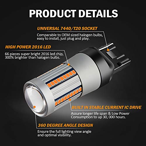 Antline 7440 7444 T20 7440A 7440NA LED Bulbs Amber Yellow for Turn Signal Lights with Build-in Load Resistor CANBUS Error Free Anti Hyper Flash for Blinker Bulb Replacement (Pack of 2) - Image 2