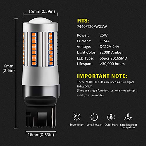 Antline 7440 7444 T20 7440A 7440NA LED Bulbs Amber Yellow for Turn Signal Lights with Build-in Load Resistor CANBUS Error Free Anti Hyper Flash for Blinker Bulb Replacement (Pack of 2) - Image 4