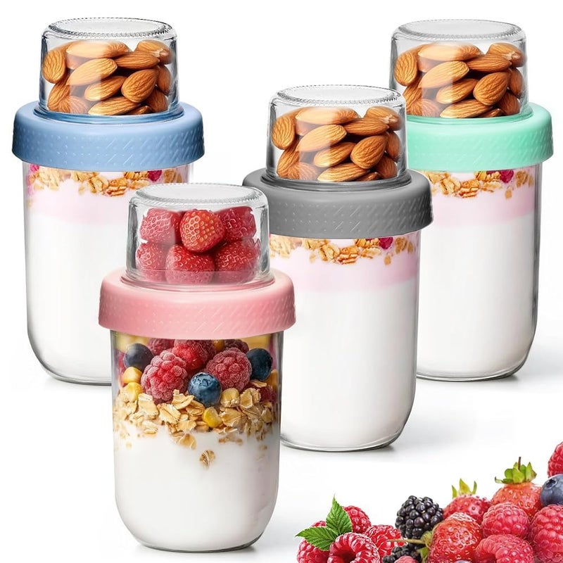 KTMAMA 4 Pack Glass Yogurt Parfait Cups with Lids, 16+4oz Reusable Containers with Dry & Wet Separation, Leak-Proof for Overnight Oats, Meal Prep, Portable to Work & School, Easy Clean - Image 1