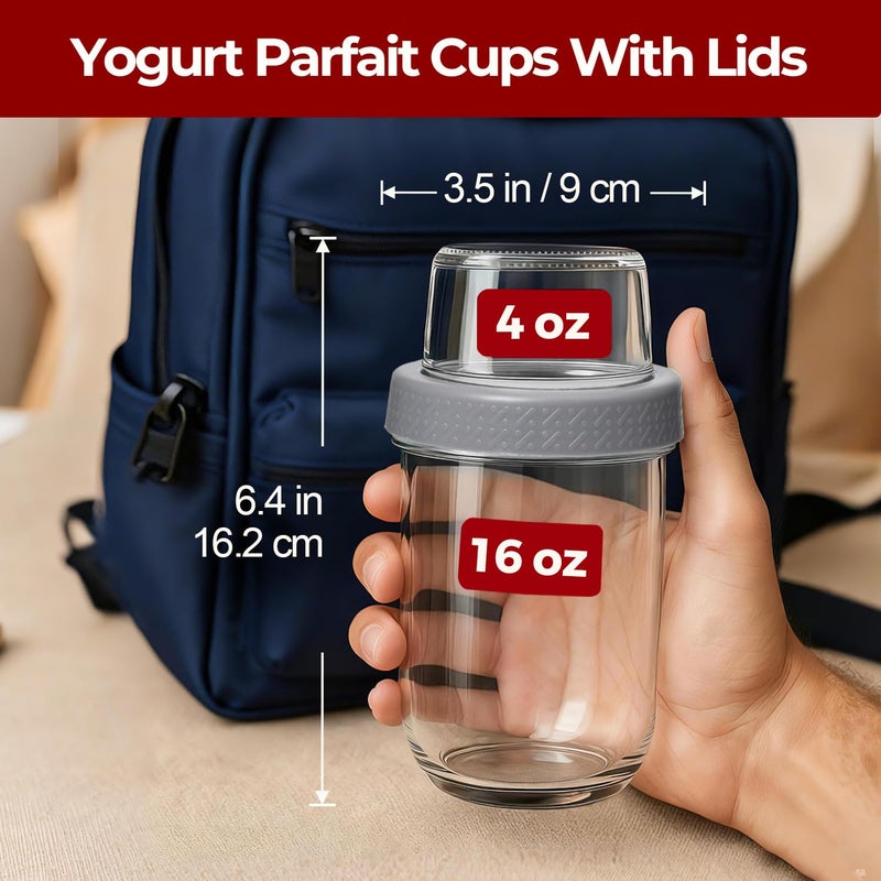 KTMAMA 4 Pack Glass Yogurt Parfait Cups with Lids, 16+4oz Reusable Containers with Dry & Wet Separation, Leak-Proof for Overnight Oats, Meal Prep, Portable to Work & School, Easy Clean - Image 2