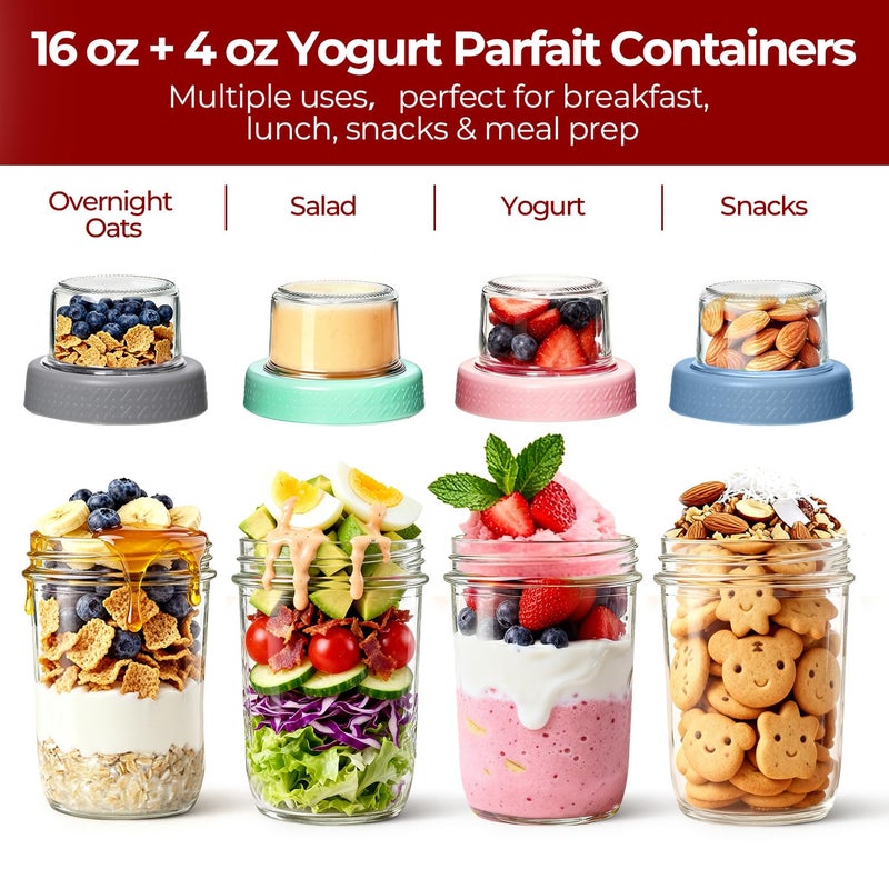 KTMAMA 4 Pack Glass Yogurt Parfait Cups with Lids, 16+4oz Reusable Containers with Dry & Wet Separation, Leak-Proof for Overnight Oats, Meal Prep, Portable to Work & School, Easy Clean - Image 5