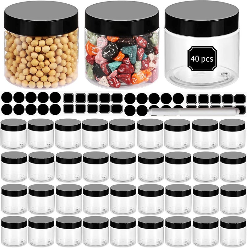 STARSIDE 40 Pack 180ml 6 oz Empty Clear Plastic Jars with Black Lids, Refillable Round Containers for Slime,Beauty Products, powder, Cream, Scrubs, Cookie,Dried Fruit. Include 1 Pen and 80 Labels.