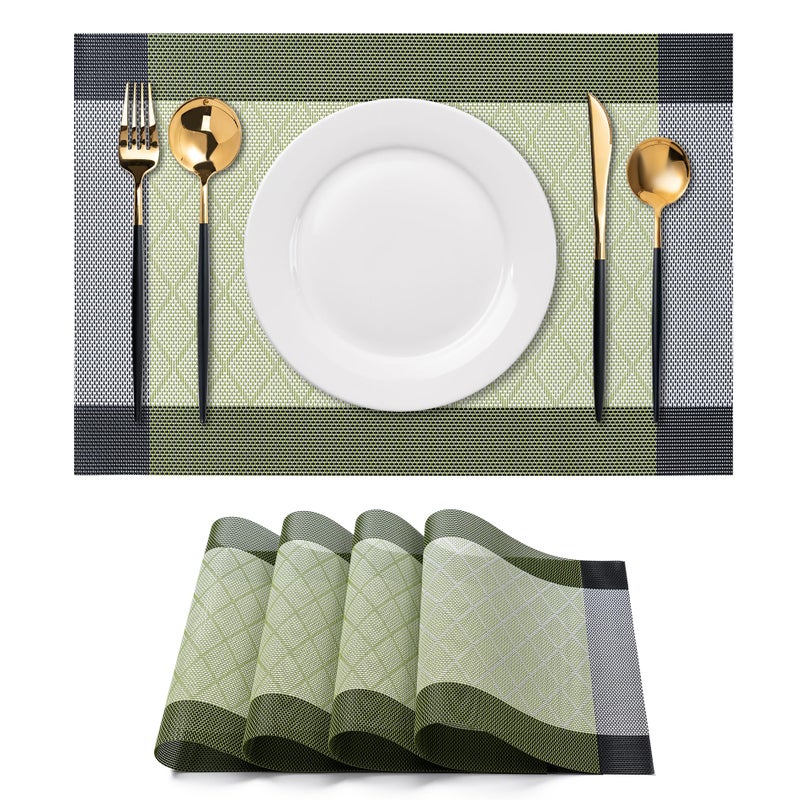 CADONO Placemats Set of 4 Washable Indoor/Outdoor Vinyl Place Mats for Dining Table Durable Non-Slip Heat Resistant PVC Weave Table Matsï¼ˆRhombus-Greenï¼‰ - Image 1