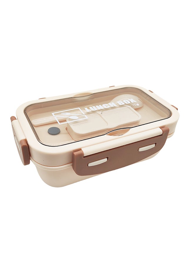 Noon East 3 Compartment lunch box, 840 ml, 1 Small container and 1 Fork Heavy Plastic, BPA Free Food Grade, for School Kids, College and Outdoor - Beige and Brown - Image 1