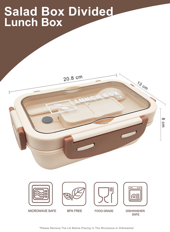 Noon East 3 Compartment lunch box, 840 ml, 1 Small container and 1 Fork Heavy Plastic, BPA Free Food Grade, for School Kids, College and Outdoor - Beige and Brown - Image 2