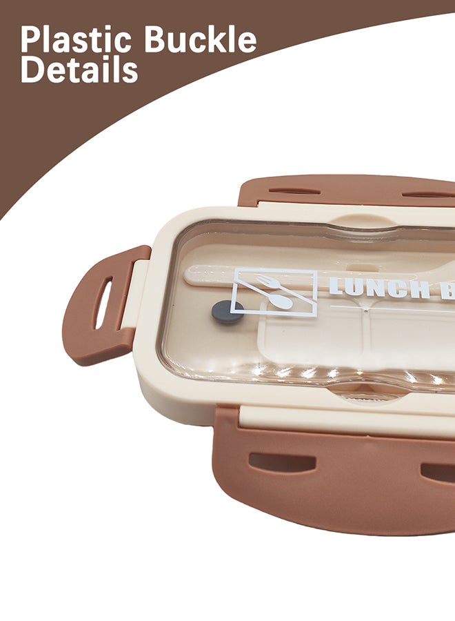Noon East 3 Compartment lunch box, 840 ml, 1 Small container and 1 Fork Heavy Plastic, BPA Free Food Grade, for School Kids, College and Outdoor - Beige and Brown - Image 3