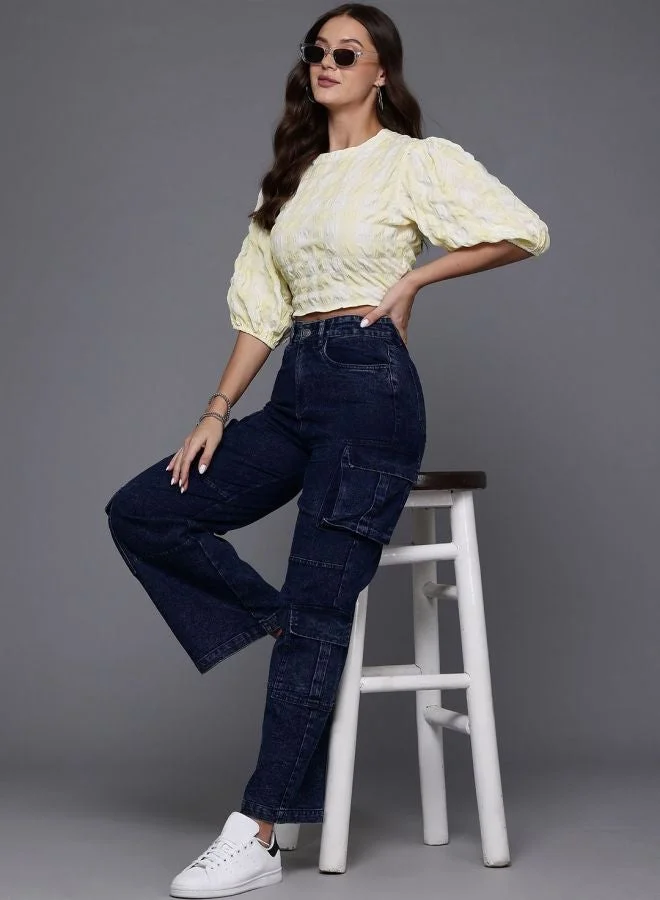 Freehand  Women Regular Fit Textured Round Neck Short Sleeve Regular Top  | Best Price UAE