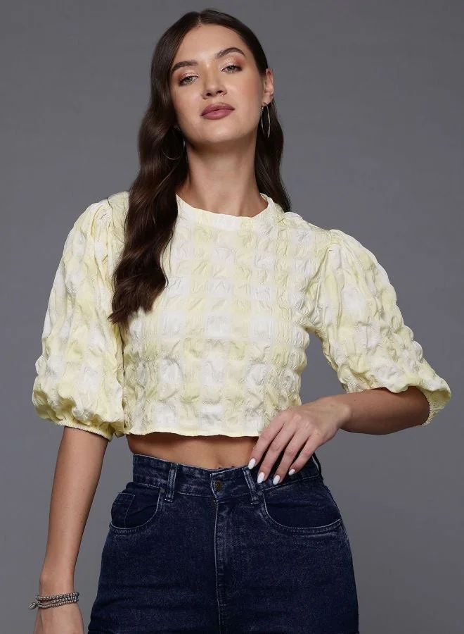 Women Regular Fit Textured Round Neck Short Sleeve Regular Top