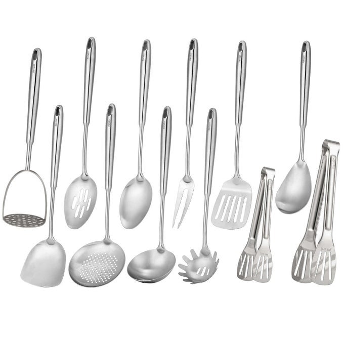 1810 STAINLESS STEEL KITCHEN UTENSILS SET 12 PCS ALL METAL COOKING TOOLS 15 SERVING UTENSILS POTATO MASHER MEAT FORK TONGS TURNER PASTA SERVING SPOON SKIMMER LADLE SPATULA SPOON SET