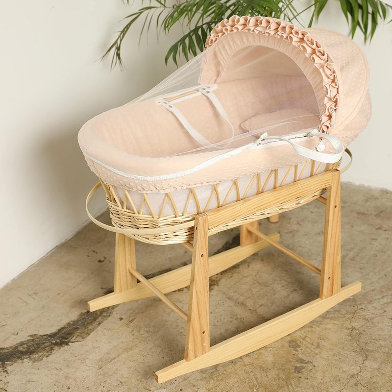 Moses Basket Baby Bed Beige with Side Wooden Rocking Stand - Image 1