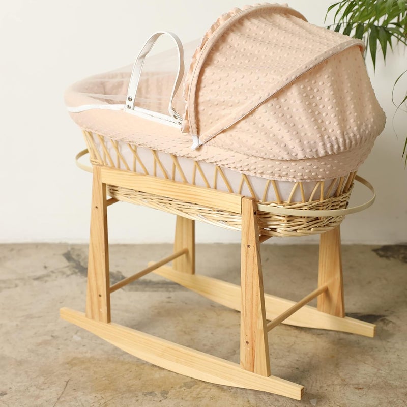 Moses Basket Baby Bed Beige with Side Wooden Rocking Stand - Image 4