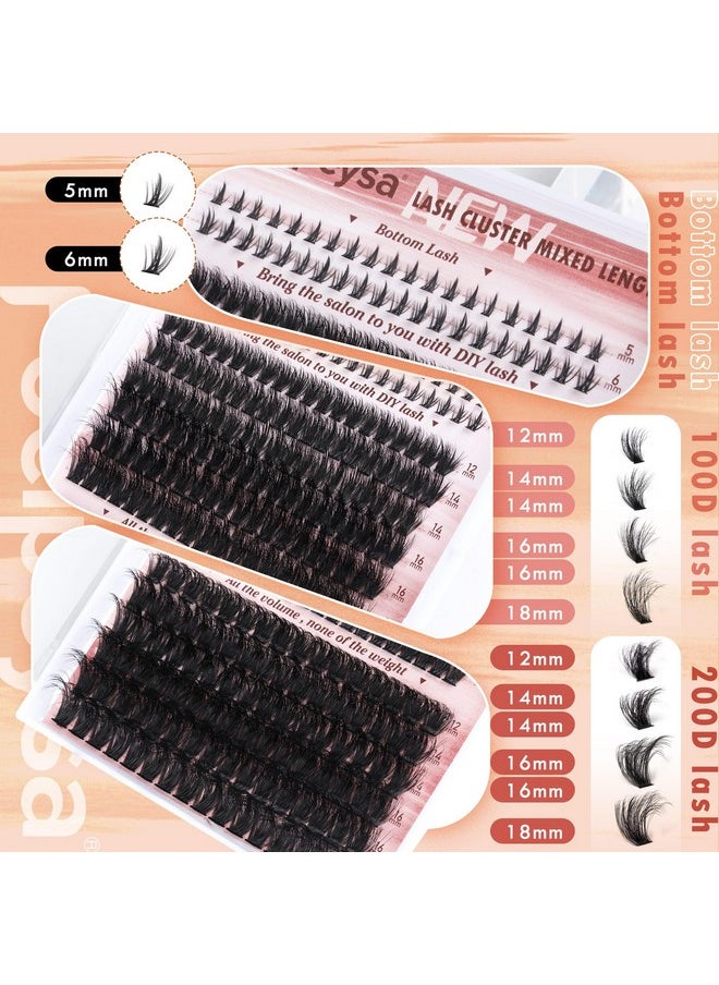 Focipeysa - Eyelash Clusters 100D 200D Lashes Extensions With Bottom Lash Volume Lash Clusters 256Pcs Individual Eyelash Extensions 12-18Mm Mixed Eyelash Extensions Diy D Curl Lash Extension At Home - Image 1