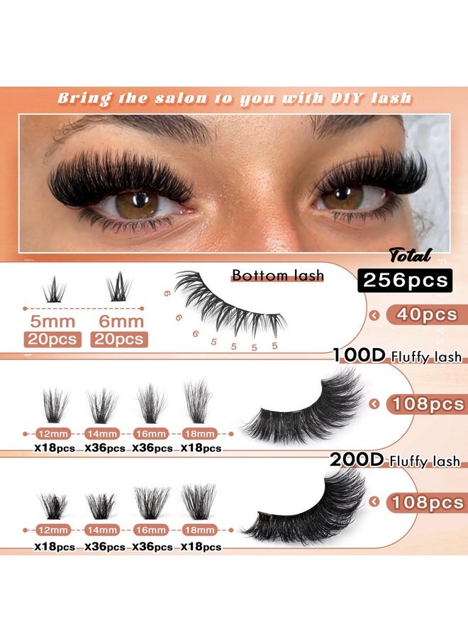 Focipeysa - Eyelash Clusters 100D 200D Lashes Extensions With Bottom Lash Volume Lash Clusters 256Pcs Individual Eyelash Extensions 12-18Mm Mixed Eyelash Extensions Diy D Curl Lash Extension At Home - Image 1