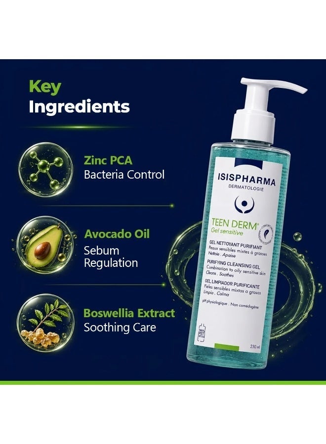 ISIS PHARMA ISISPHARMA Teen Derm Gel Sensitive Purifying Cleansing Gel for Oily & Combination Sensitive Skin | Cleanses, Controls Excess Sebum & Soothes | Non-Comedogenic | 250ml - Image 3