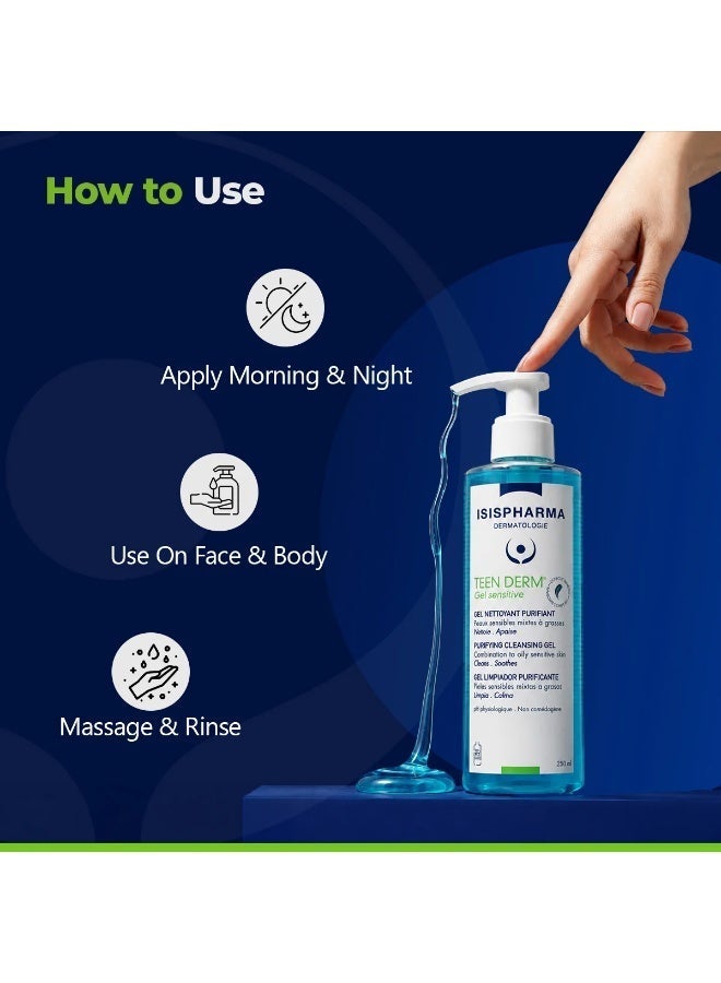 ISIS PHARMA ISISPHARMA Teen Derm Gel Sensitive Purifying Cleansing Gel for Oily & Combination Sensitive Skin | Cleanses, Controls Excess Sebum & Soothes | Non-Comedogenic | 250ml - Image 2