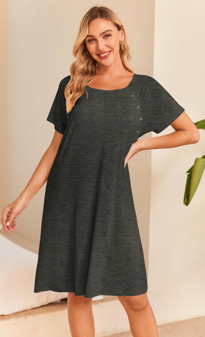 Ekouaer فستان نوم للنساء من إيكواير، فستان ليلي بعد الولادة، قميص نوم، مزود بأزرار، ياقة دائرية، فستان قطن للرضاعة، رمادي داكن، صغير - Image 4