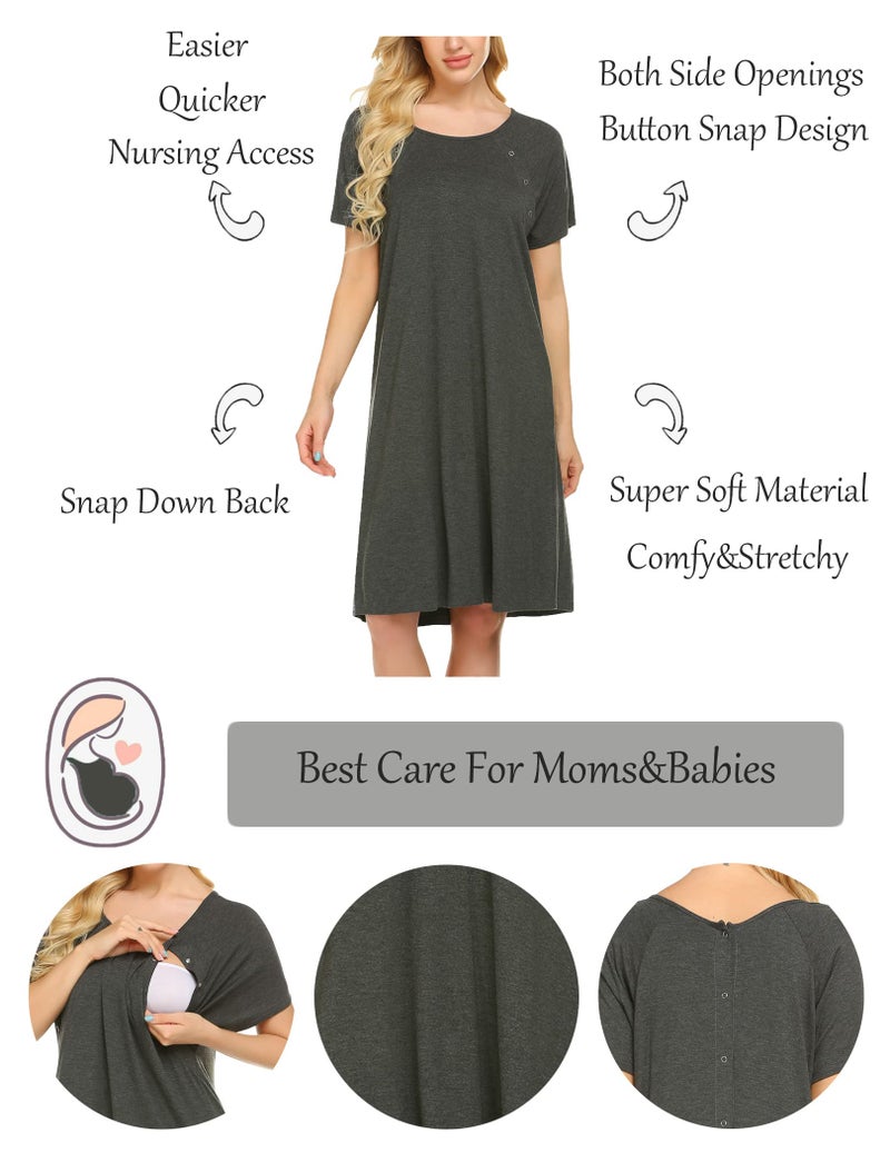 Ekouaer فستان نوم للنساء من إيكواير، فستان ليلي بعد الولادة، قميص نوم، مزود بأزرار، ياقة دائرية، فستان قطن للرضاعة، رمادي داكن، صغير - Image 2
