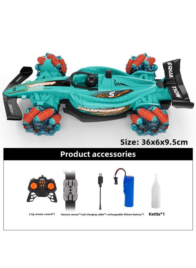 Loquat Formula F1 Remote Control Stunt Racing Four-wheel Drive Light Spray Gesture Induction Stunt Drift Toy Car-Color: Spray Formula Drift Racing - Green (handle + Watch)-Scale: - Image 1