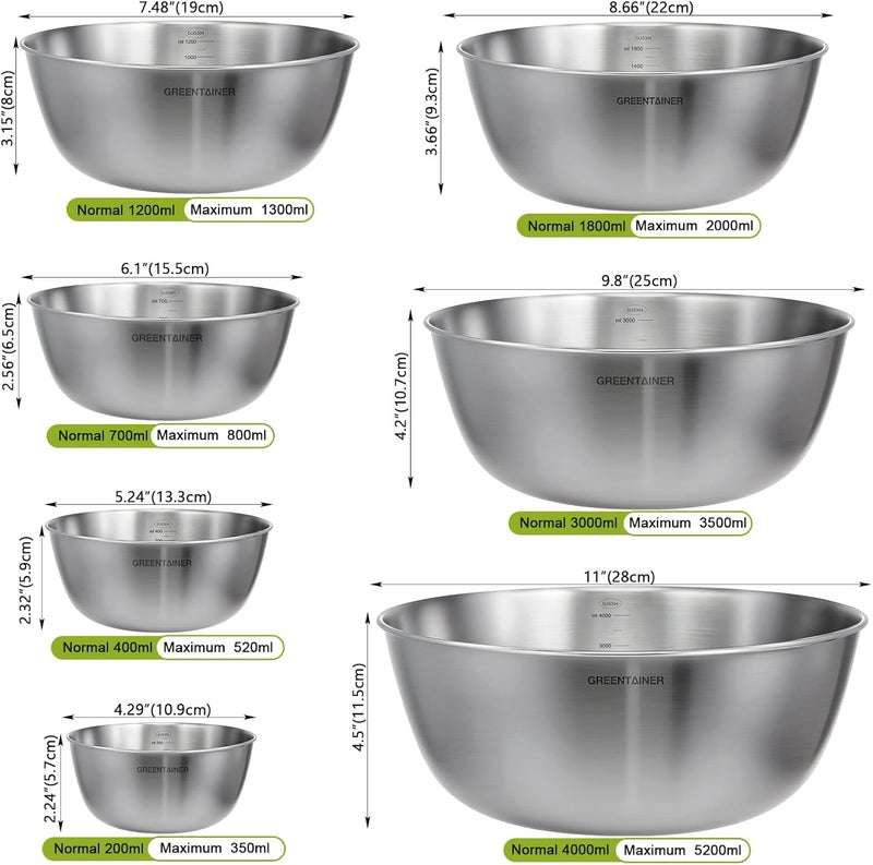 Greentainer Stainless Steel Mixing Bowls Set for Kitchen, 5.2L Nesting Bowls for Salad, Baking, Prepping, Cooking and Serving Food Prep, Metal Mixing Bowl Dishwasher Safe, 7 PCS - Image 2