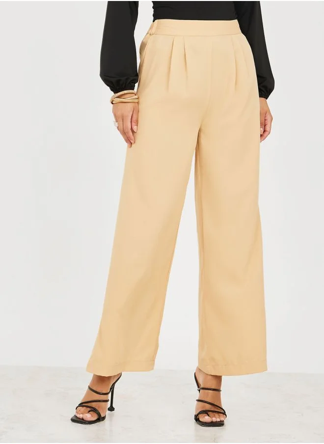 Styli Half Elastic Waistband Wide Leg Trouser